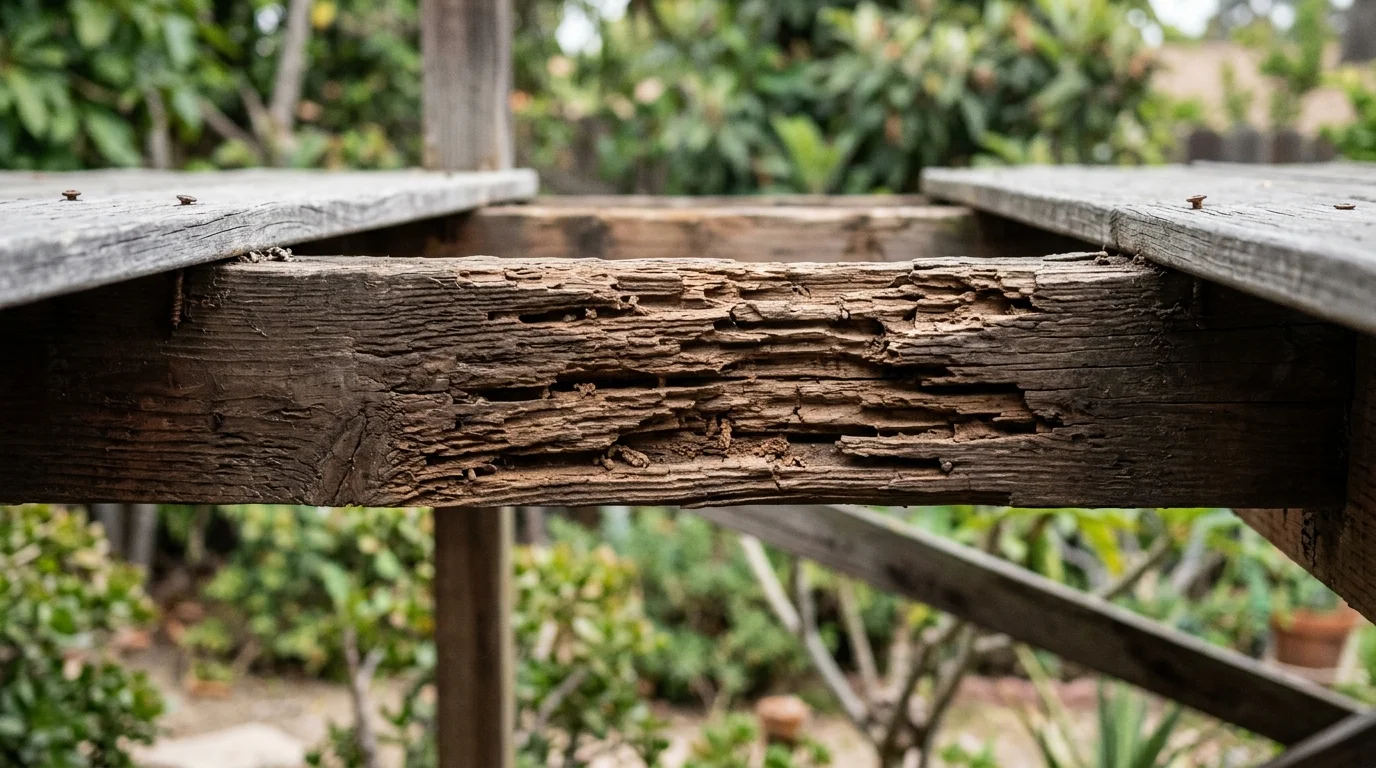 Close view of a damaged wood deck joist with hollowed grain