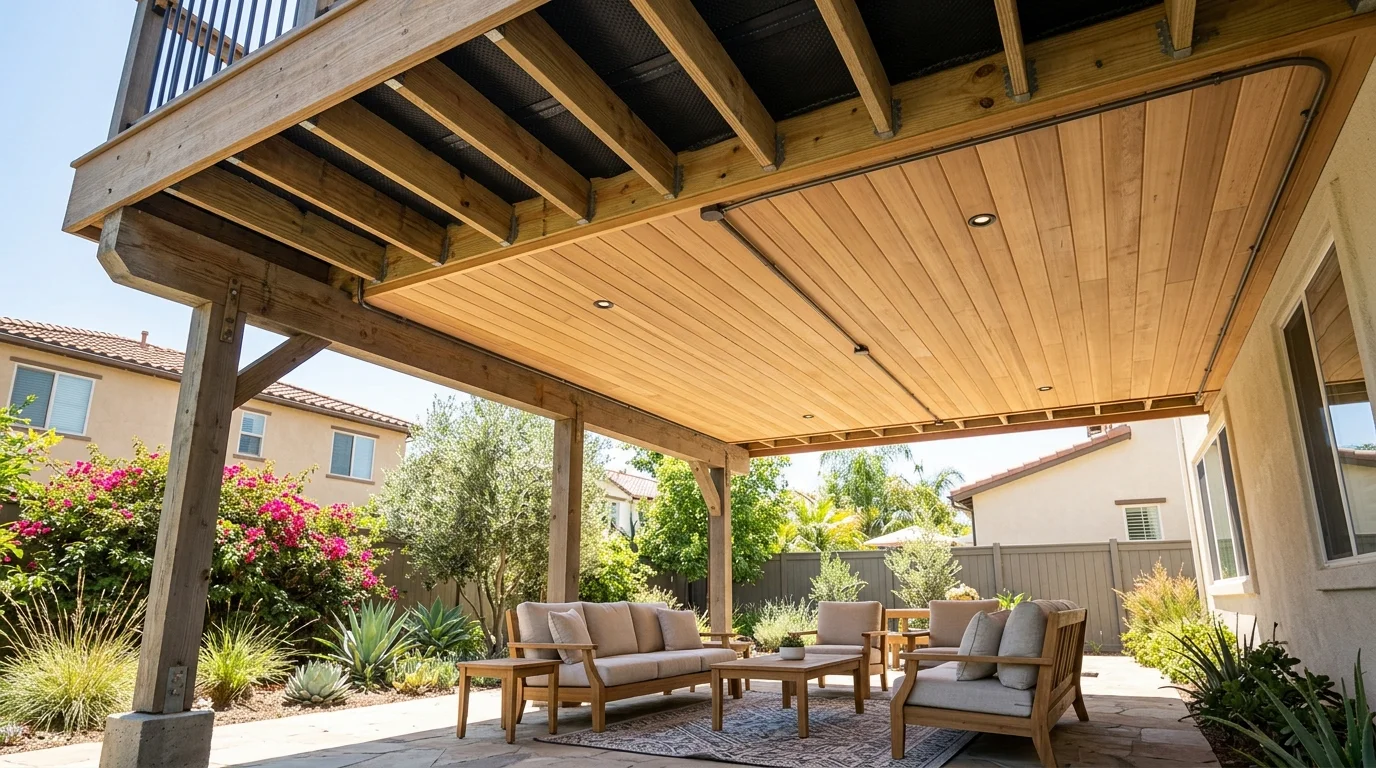 Dry finished space beneath an elevated deck with an under-deck drainage ceiling