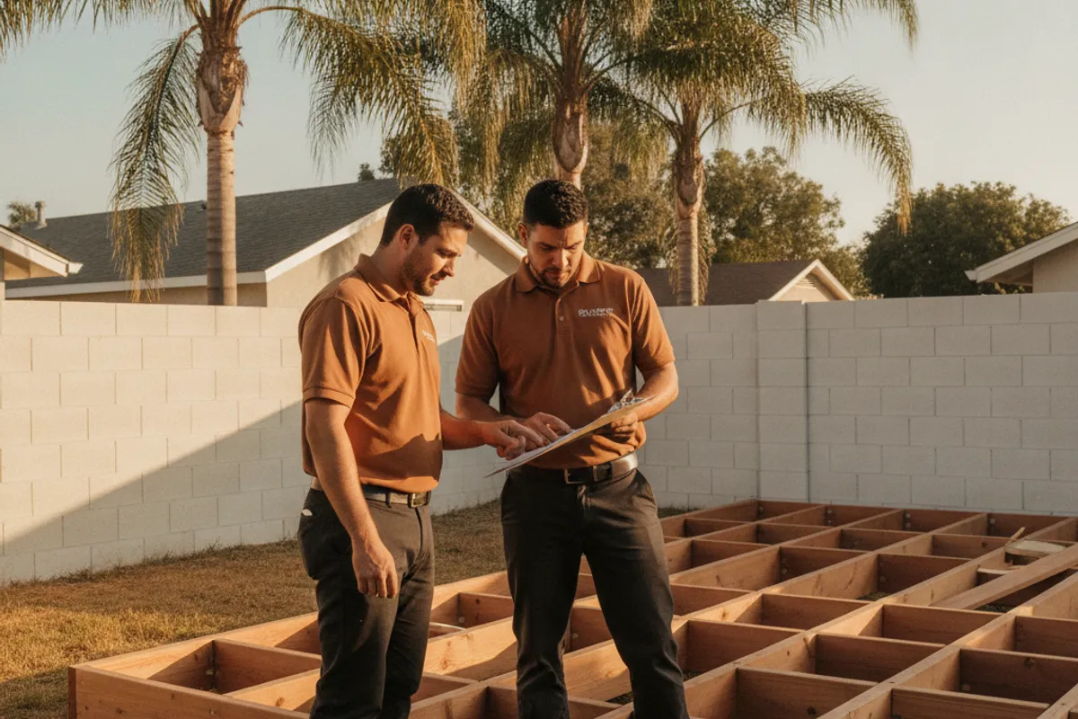 Deck Pro SD on-site estimate: a builder reviews a backyard deck layout with a homeowner at a San Diego County home.