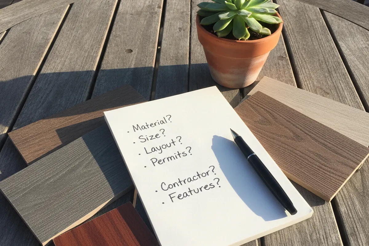 San Diego homeowner reviewing deck plans and composite decking samples with a project manager on a backyard patio.
