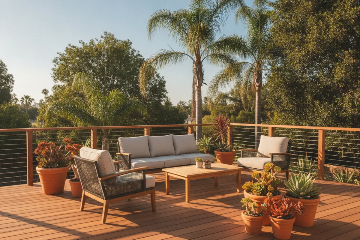 Modern San Diego backyard deck with composite decking, black metal cable railings, and built-in bench seating.