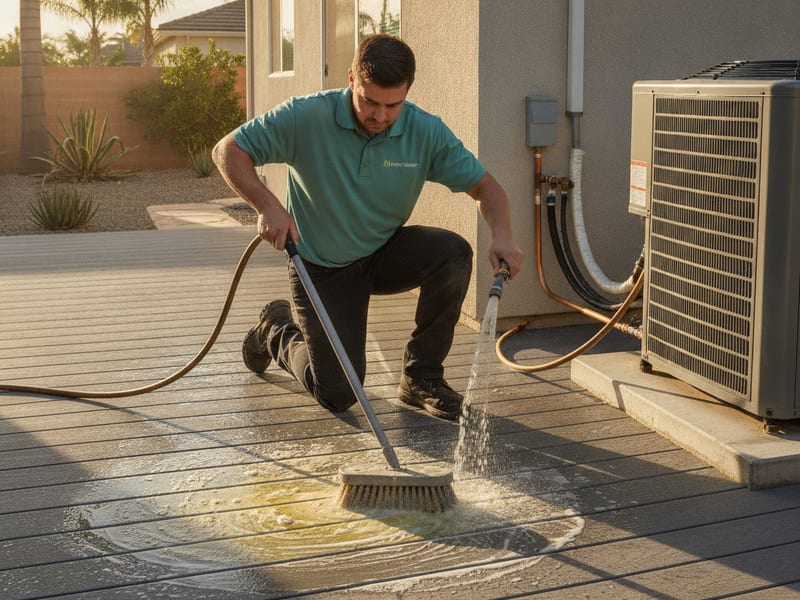 Homeowner washing a composite deck with a soft brush and garden hose in a San Diego backyard