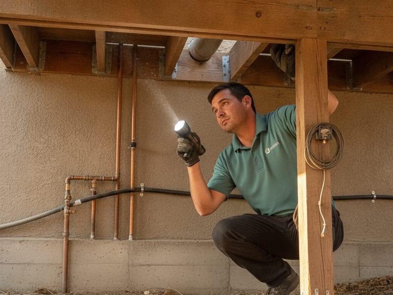 Homeowner crouching below a deck to inspect joists and ledger board for rot at a San Diego home