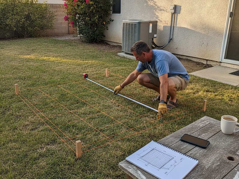 Homeowner measuring a backyard with a tape measure to plan deck dimensions in San Diego