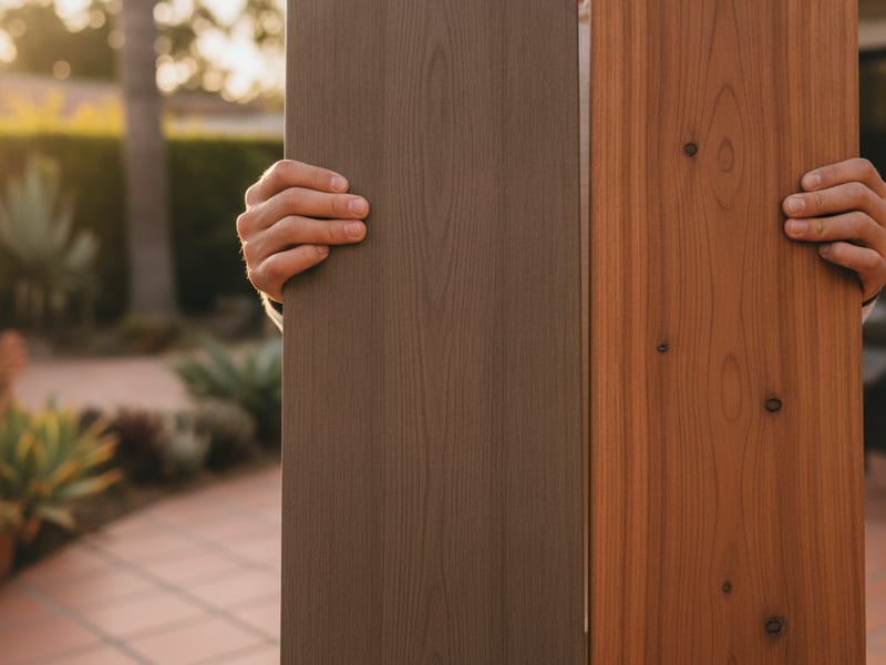 Homeowner comparing composite and wood decking samples at a San Diego outdoor supply counter