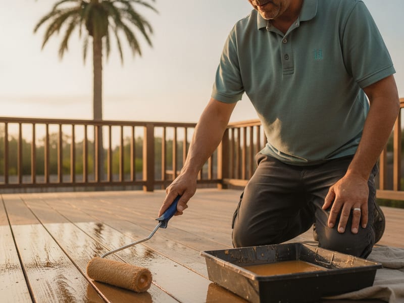 Homeowner applying deck sealant with a roller on a redwood deck in a San Diego backyard