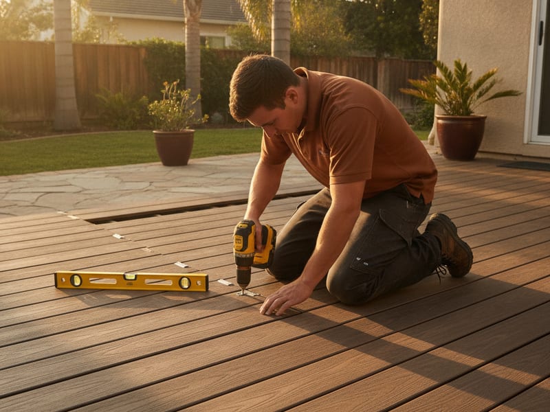 New Trex composite deck with cable railing in a San Diego backyard