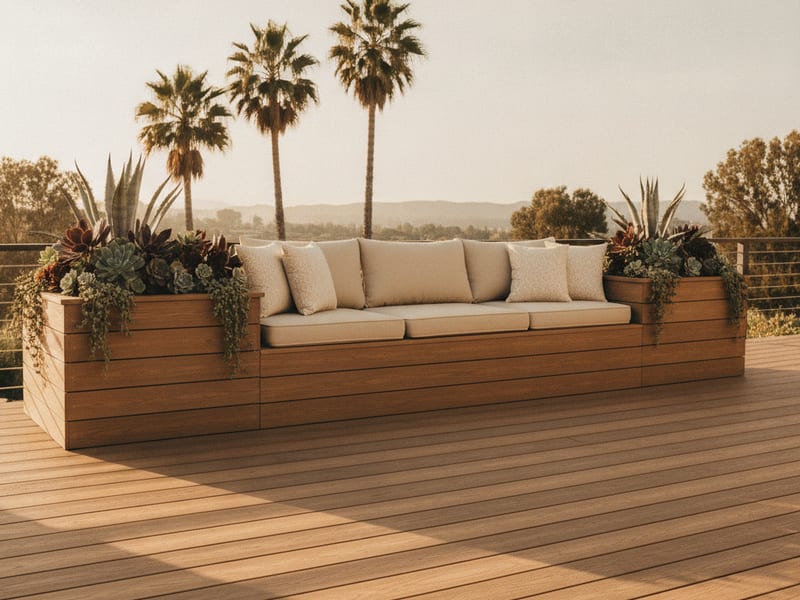 Built-in bench and planter box on a composite deck in a San Diego backyard