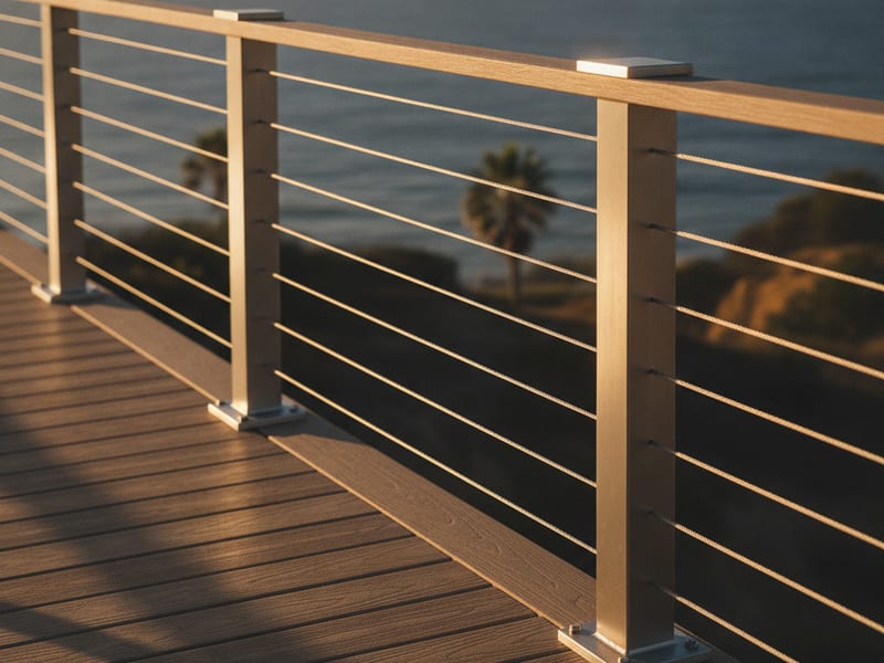 Stainless cable railing on a coastal San Diego deck with ocean view