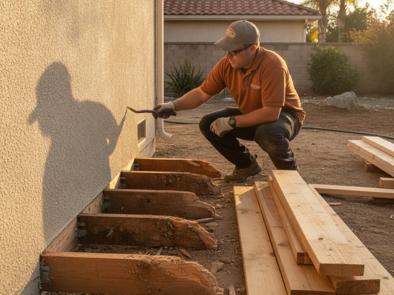 Contractor replacing rotted deck joist boards during a repair in San Diego