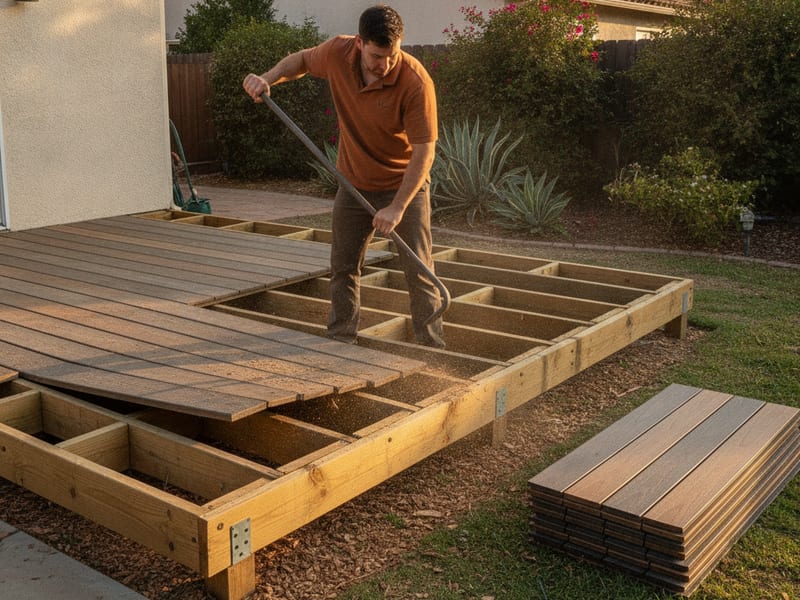 New composite boards being installed over an existing deck frame in San Diego