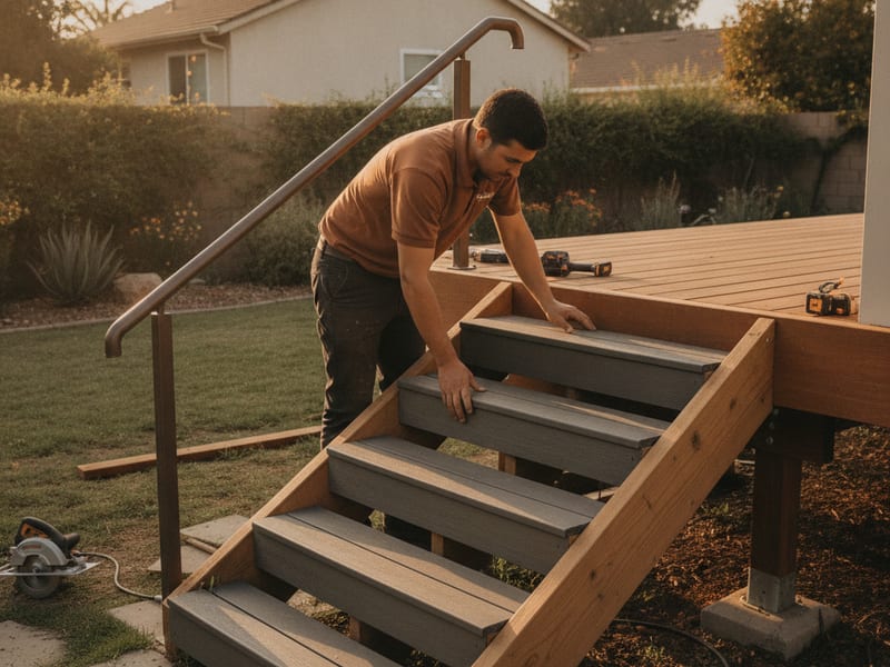 New composite deck stair run with metal handrail at a San Diego home