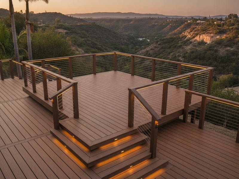 Three-level wood deck on a canyon-view lot in San Diego
