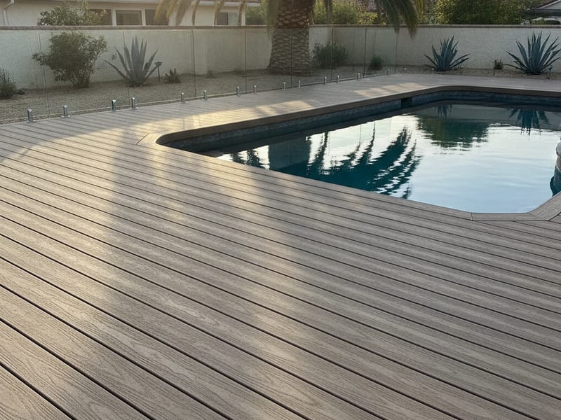 New composite pool deck with slip-resistant surface around a San Diego backyard pool