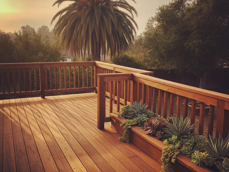 New redwood deck with wood railing on a hillside San Diego home
